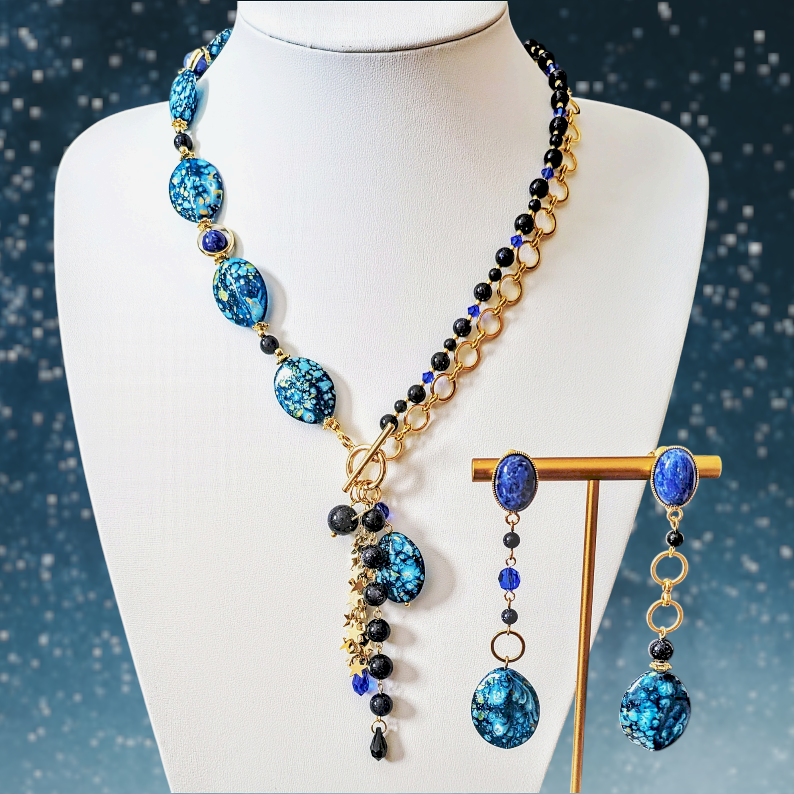 ☆送料無料☆【Meteorite　ネックレス＆イヤリング】コスチュームジュエリー　ラピスラズリ　星　宇宙　隕石　青　黒