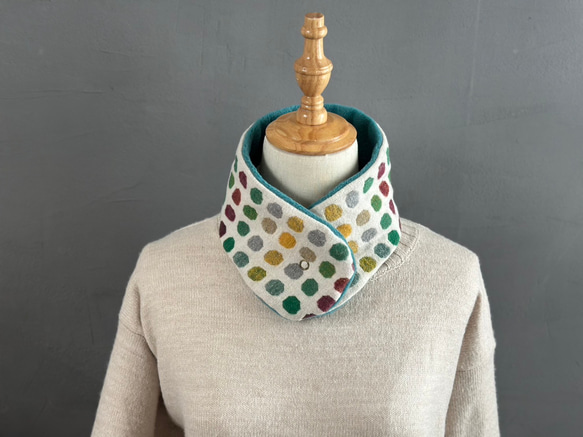 クリスマス特価●まるでカイロ●24時間つけたいネックウォーマーマフラー　カラフルドット　お子様から女性ボタンワンタッチ 6枚目の画像