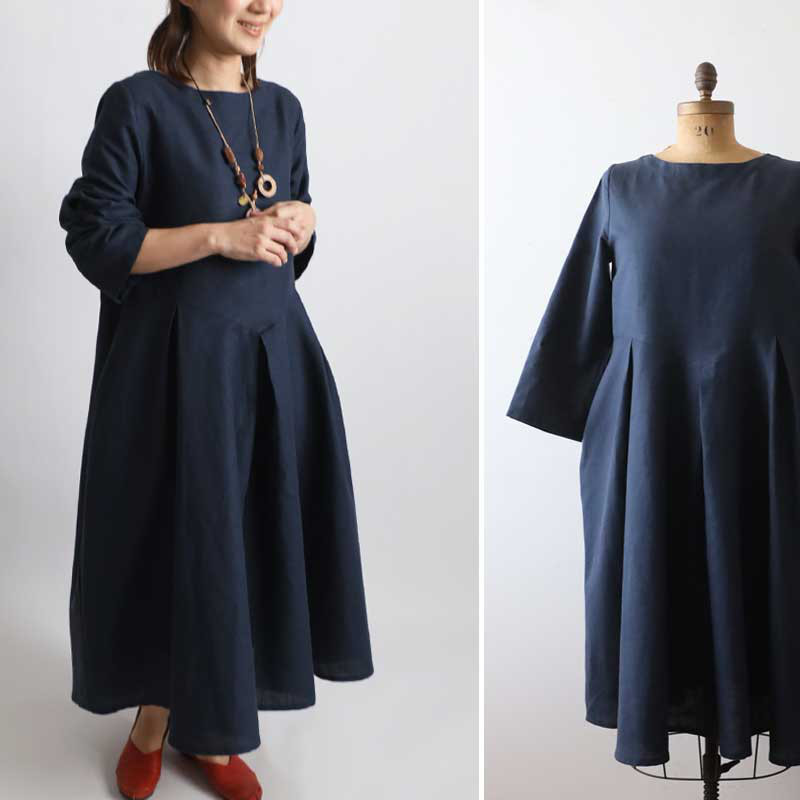 ⁑春支度ＳＡＬＥ　１１３cm　リネン麻コットン　揺れる優雅な内タック　ロングワンピース　ゆったりH46