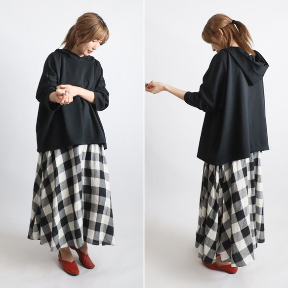 ＊ラスト４　最終ＳＡＬＥ　ジャージ伸縮ストレッチ生地　プルオーバー ゆったりワイド フーディー パーカー黒H51C 3枚目の画像