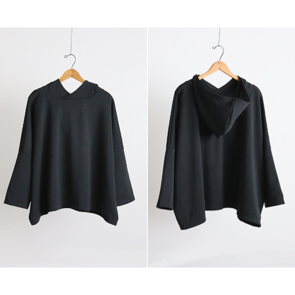 ＊ラスト４　最終ＳＡＬＥ　ジャージ伸縮ストレッチ生地　プルオーバー ゆったりワイド フーディー パーカー黒H51C 13枚目の画像