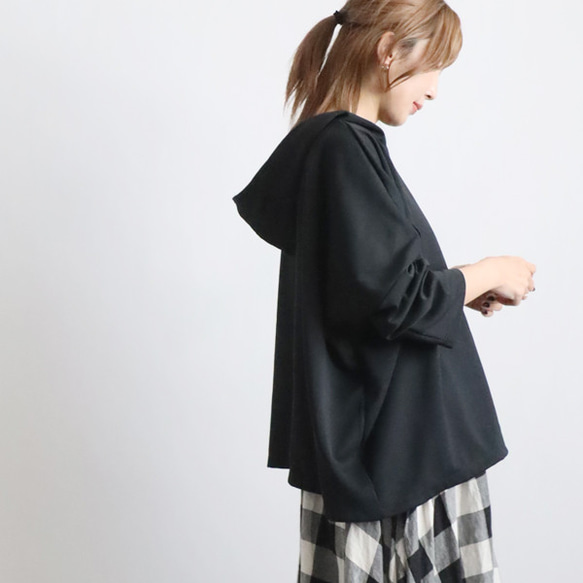 ＊ラスト４　最終ＳＡＬＥ　ジャージ伸縮ストレッチ生地　プルオーバー ゆったりワイド フーディー パーカー黒H51C 2枚目の画像