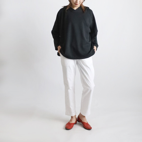 ＊ラスト４　最終ＳＡＬＥ　ジャージ伸縮ストレッチ生地　プルオーバー ゆったりワイド フーディー パーカー黒H51C 8枚目の画像
