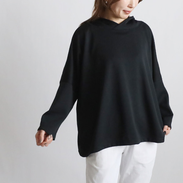 ＊ラスト４　最終ＳＡＬＥ　ジャージ伸縮ストレッチ生地　プルオーバー ゆったりワイド フーディー パーカー黒H51C 7枚目の画像