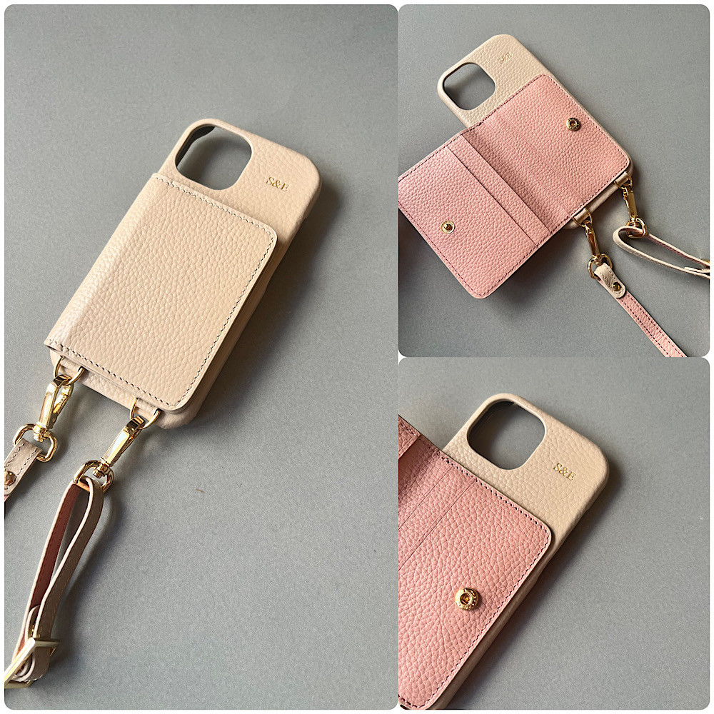 #3 名入れ可｜バイカラー本革iPhoneショルダーケース（背面収納　スマホショルダー）Greige+pinkbeige