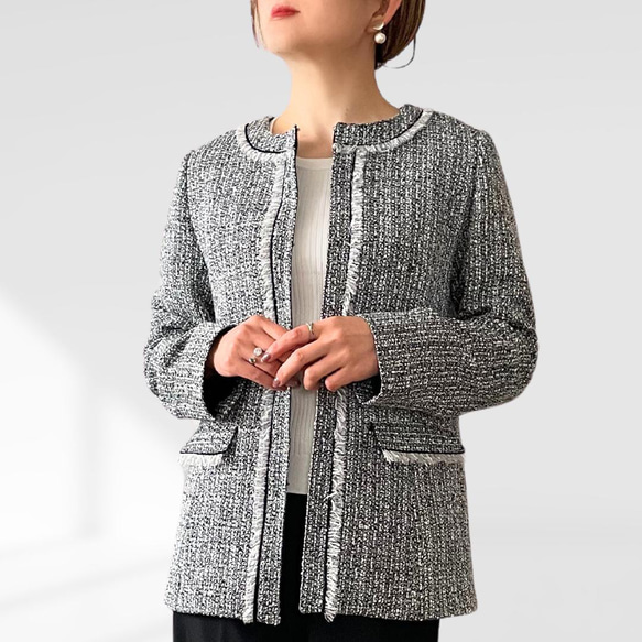 ツイードジャケット ノーカラー 通勤 フォーマル オケージョン 卒業