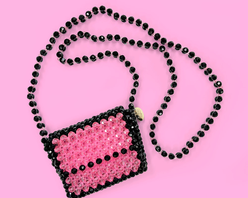 ビーズのミニショルダー pink × black ビーズバッグ ポシェット