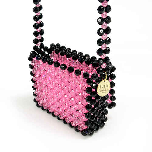 ピンク ビーズ パーティーバッグ ビーズのミニショルダー pink × black ビーズバッグ ポシェット