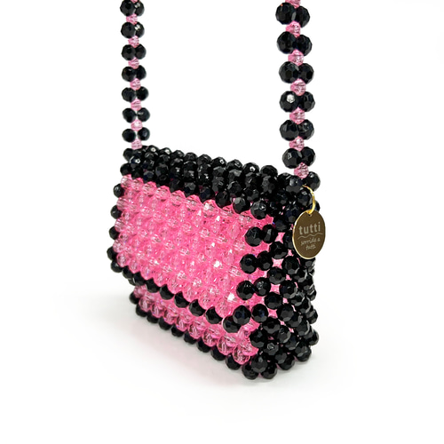ビーズのミニショルダー pink × black ビーズバッグ ポシェット