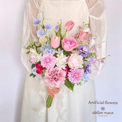 受注再販】ピンクダリアと チューリップ の クラッチブーケ（造花