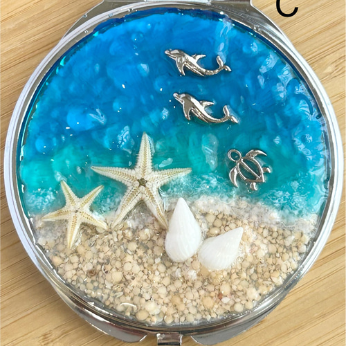 コンパクトミラー 海 シルバー 海レジン 貝がら 星の砂 イルカ 亀