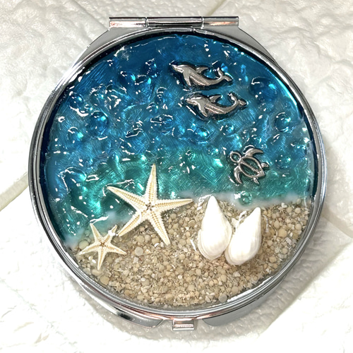 コンパクトミラー 海 シルバー 海レジン 貝がら 星の砂 イルカ 亀