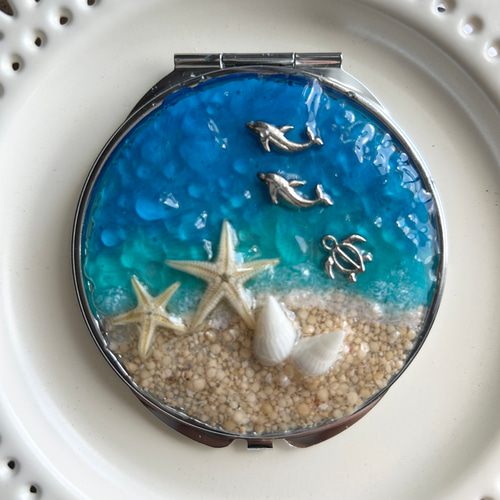 コンパクトミラー 海 シルバー 海レジン 貝がら 星の砂 イルカ 亀