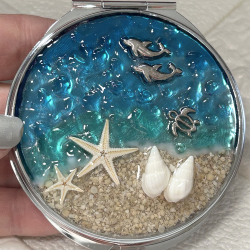 コンパクトミラー 海 シルバー 海レジン 貝がら 星の砂 イルカ 亀