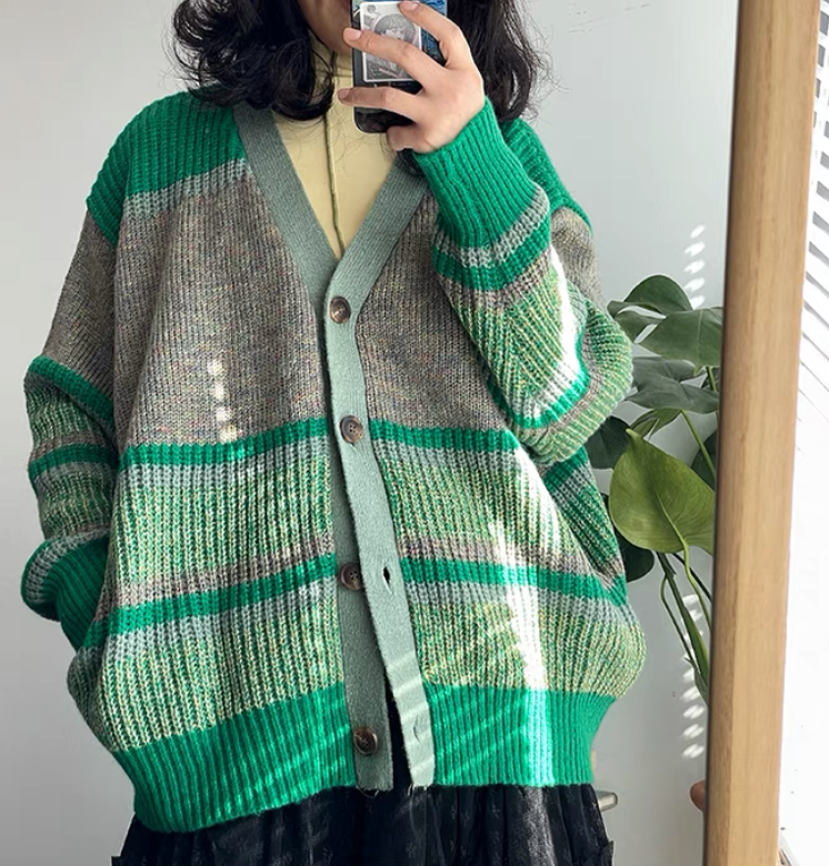 美品 VINTAGE カーディガン 無地 長袖 薄手 春秋【M】深緑