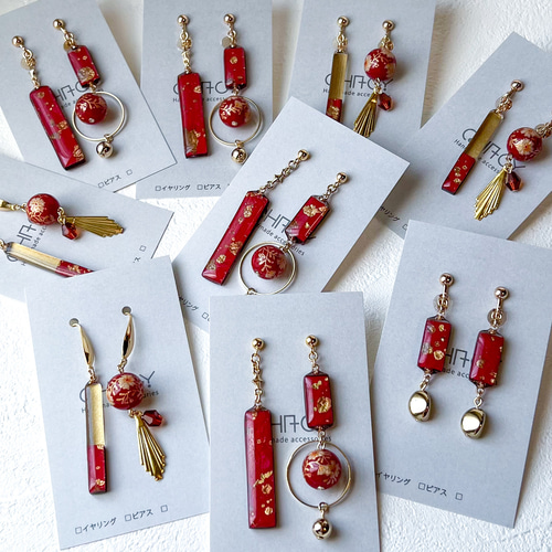 レザーインクアート「赤に金」バイカラー扇子イヤリングorピアス