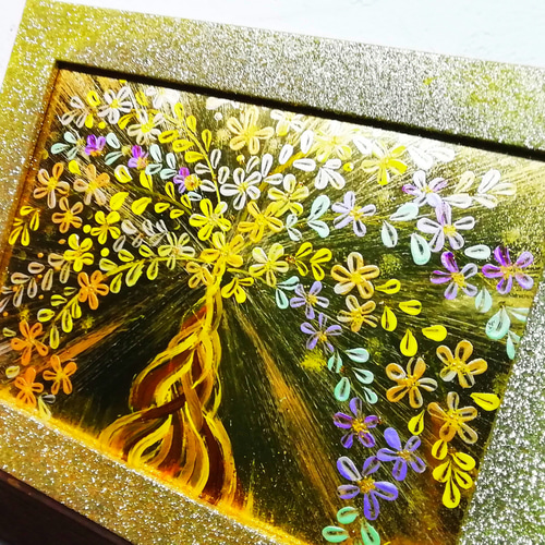 風水開運絵画 輝く幸せの招財樹〜花咲く光樹〜 金のなる木 全体