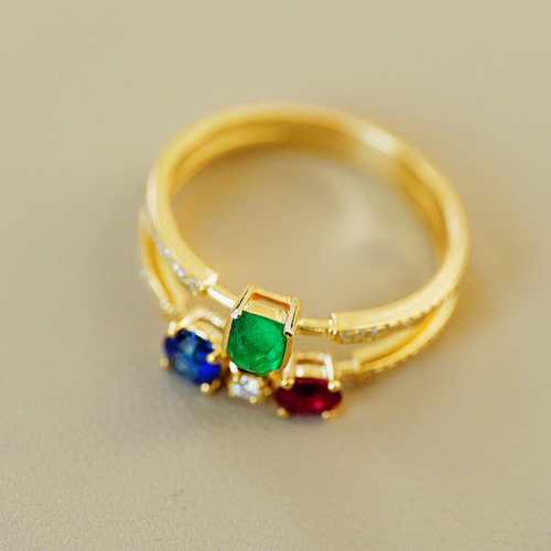 K18 ダイヤ エメラルド ルビー サファイア リング 約14号 新春」K18 天然エメラルド 春 並び無い 5月誕生石 夫婦愛 安定 指輪