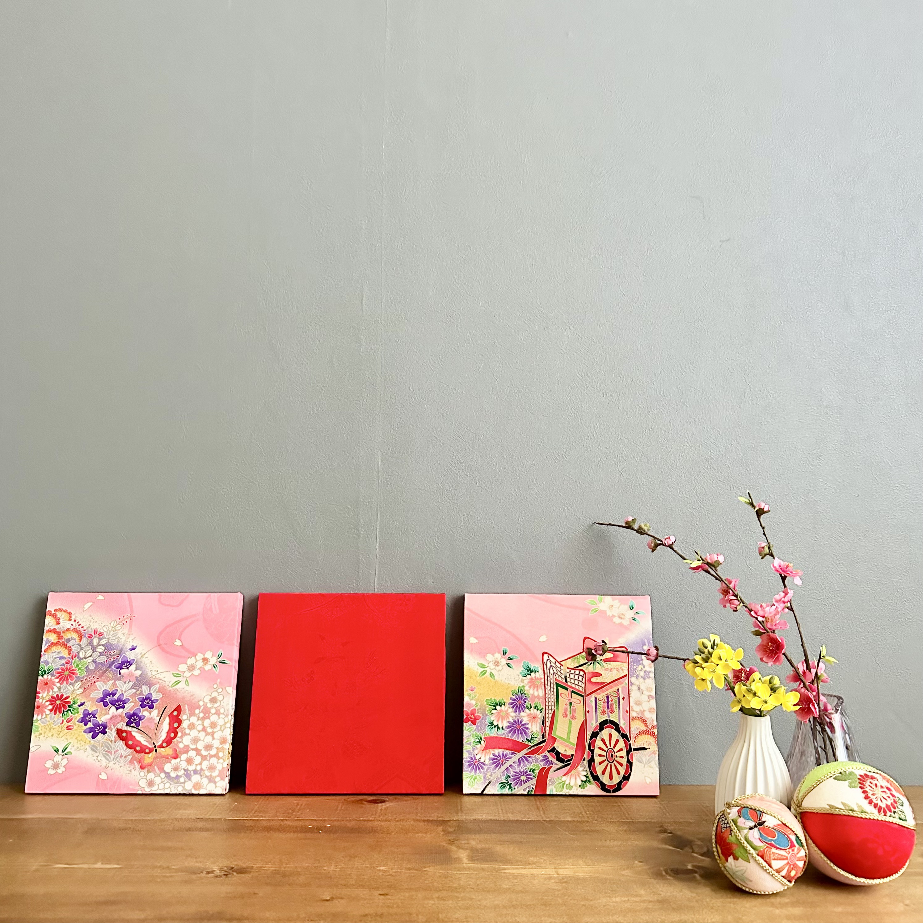 着物のファブリックパネル ハレの日 ピンク（3枚セット） 着物