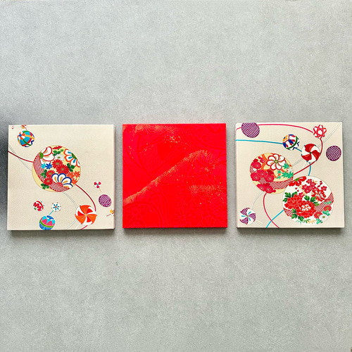 着物のファブリックパネル ハレの日 毱×赤（3枚セット） 27×27cm
