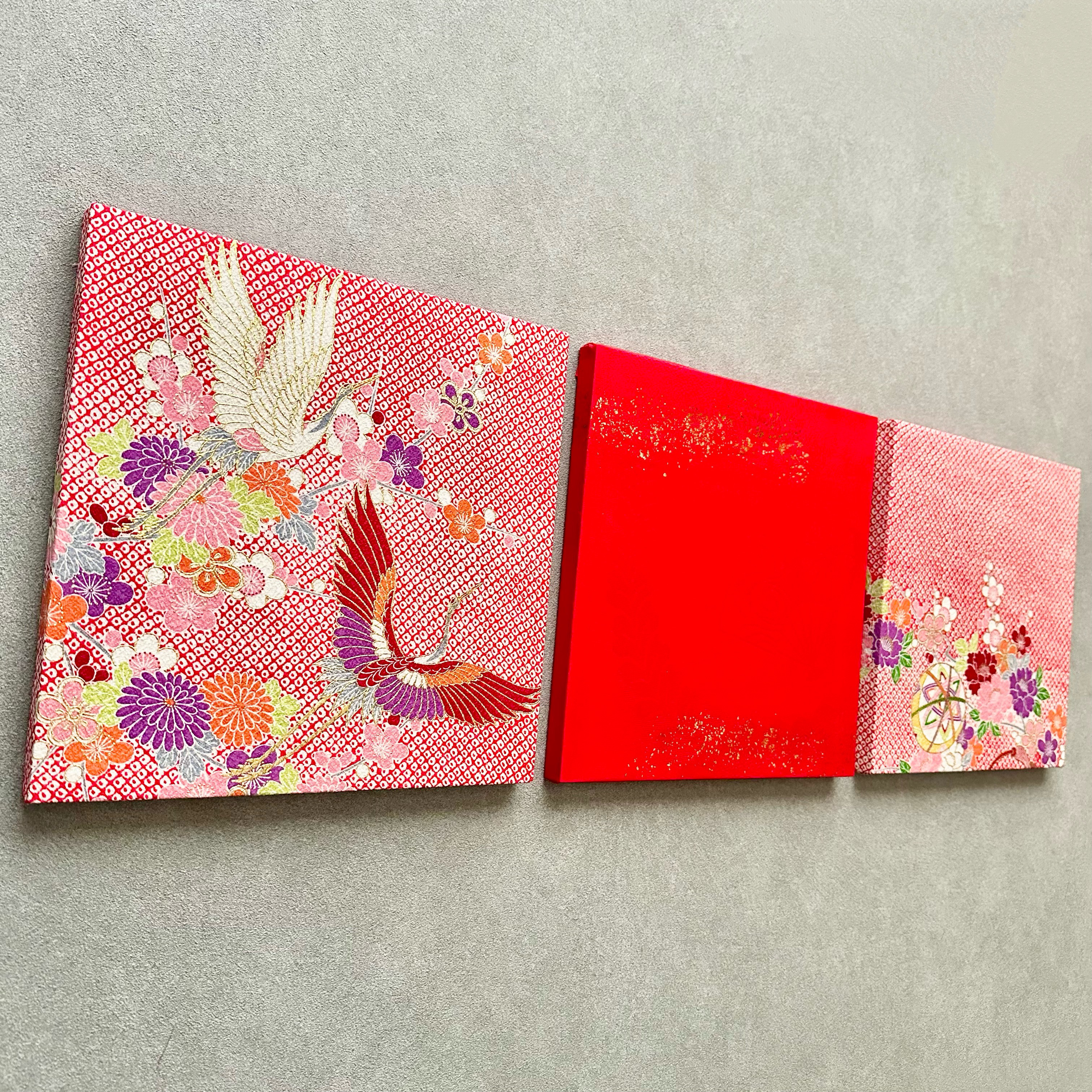 着物のファブリックパネル　ハレの日　鶴と毱×赤（3枚組）30×30cm 着物　リメイク　インテリア　七五三　ひな祭り