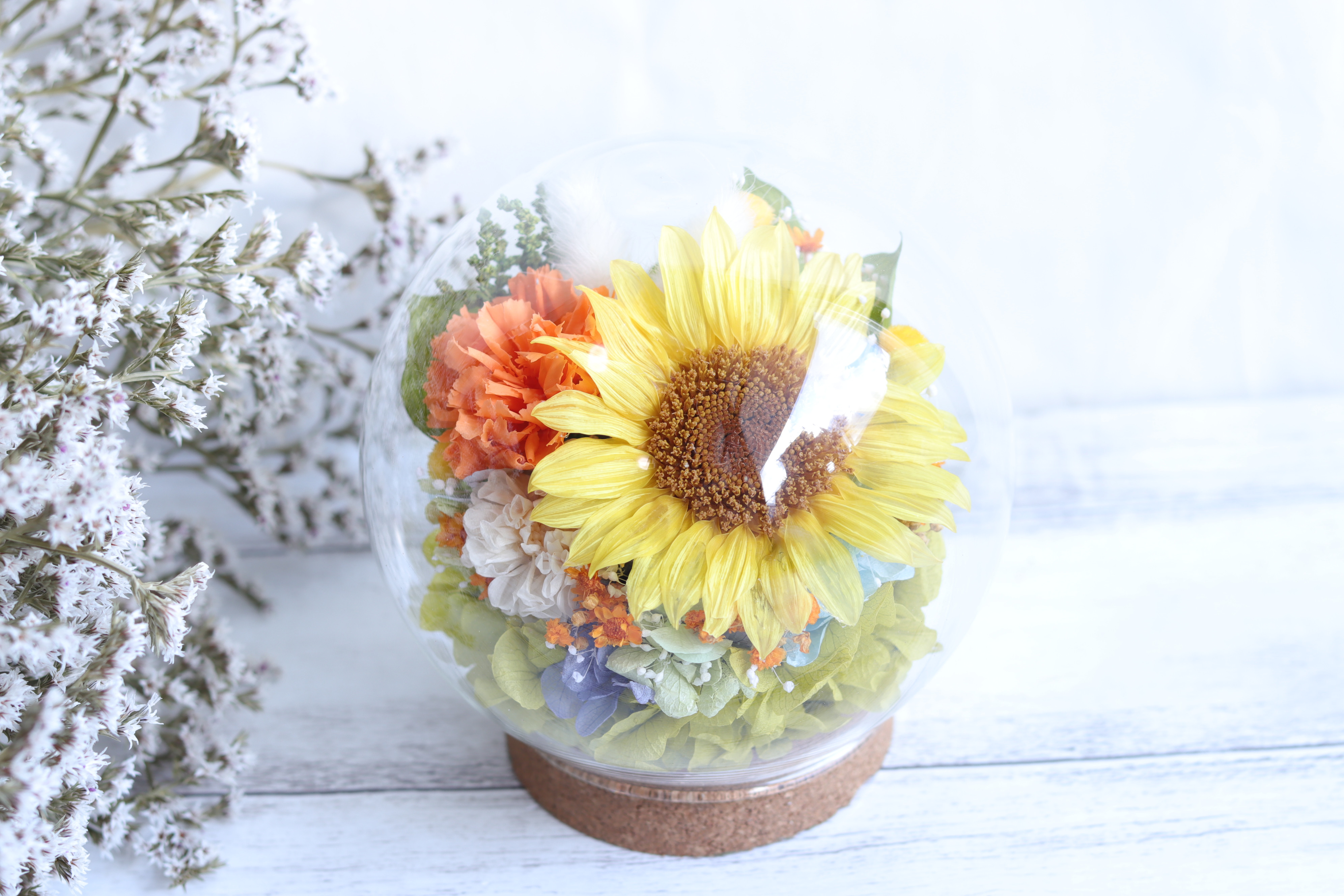 【大切な方に】向日葵のパステル花畑(ナチュラルコルク・Ｓサイズ)＊プリザーブドフラワー＊男の子・女の子・茶トラ・誕生日