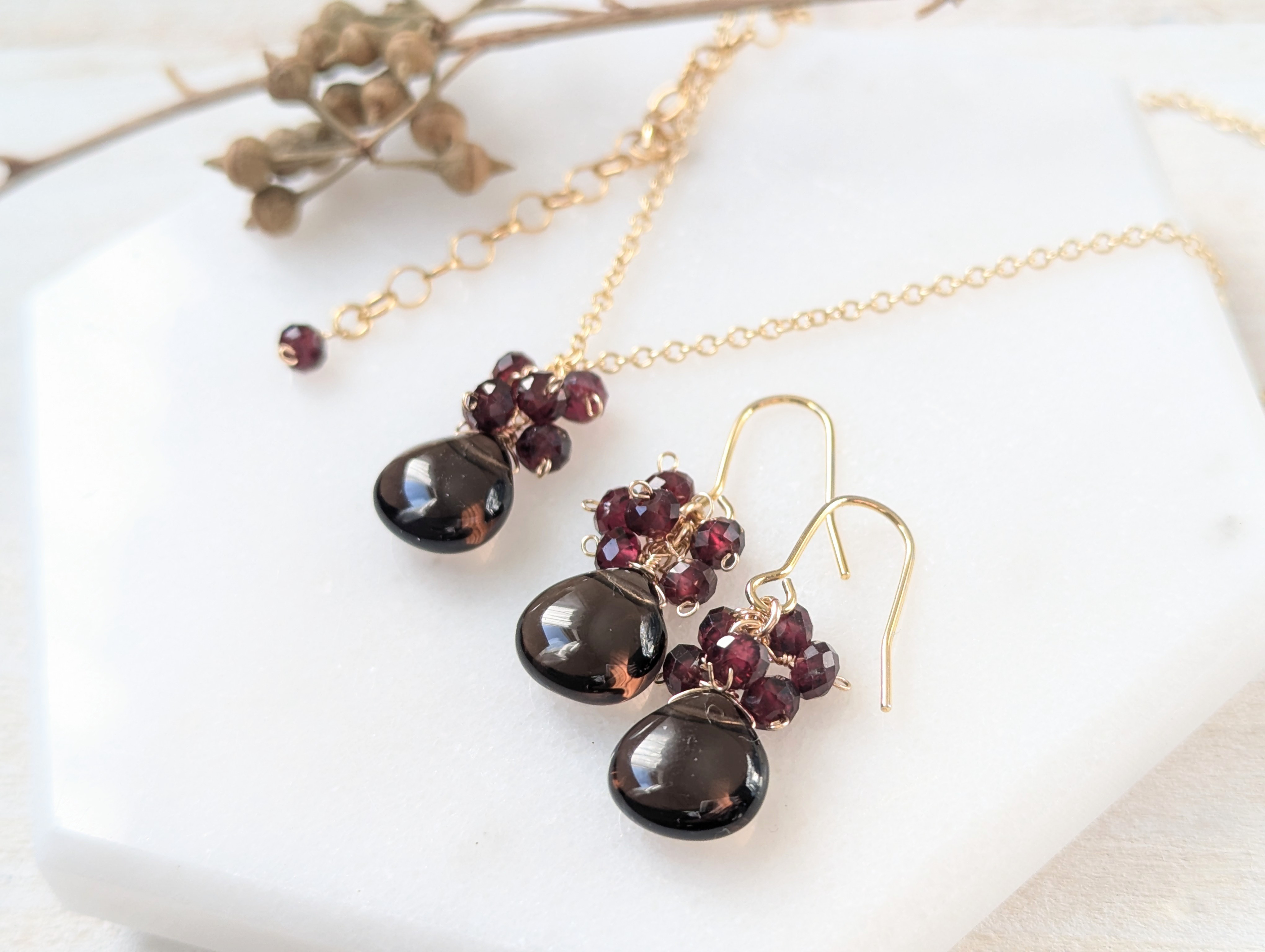 14kgf スモーキークオーツ、ガーネット☆ネックレスセット
