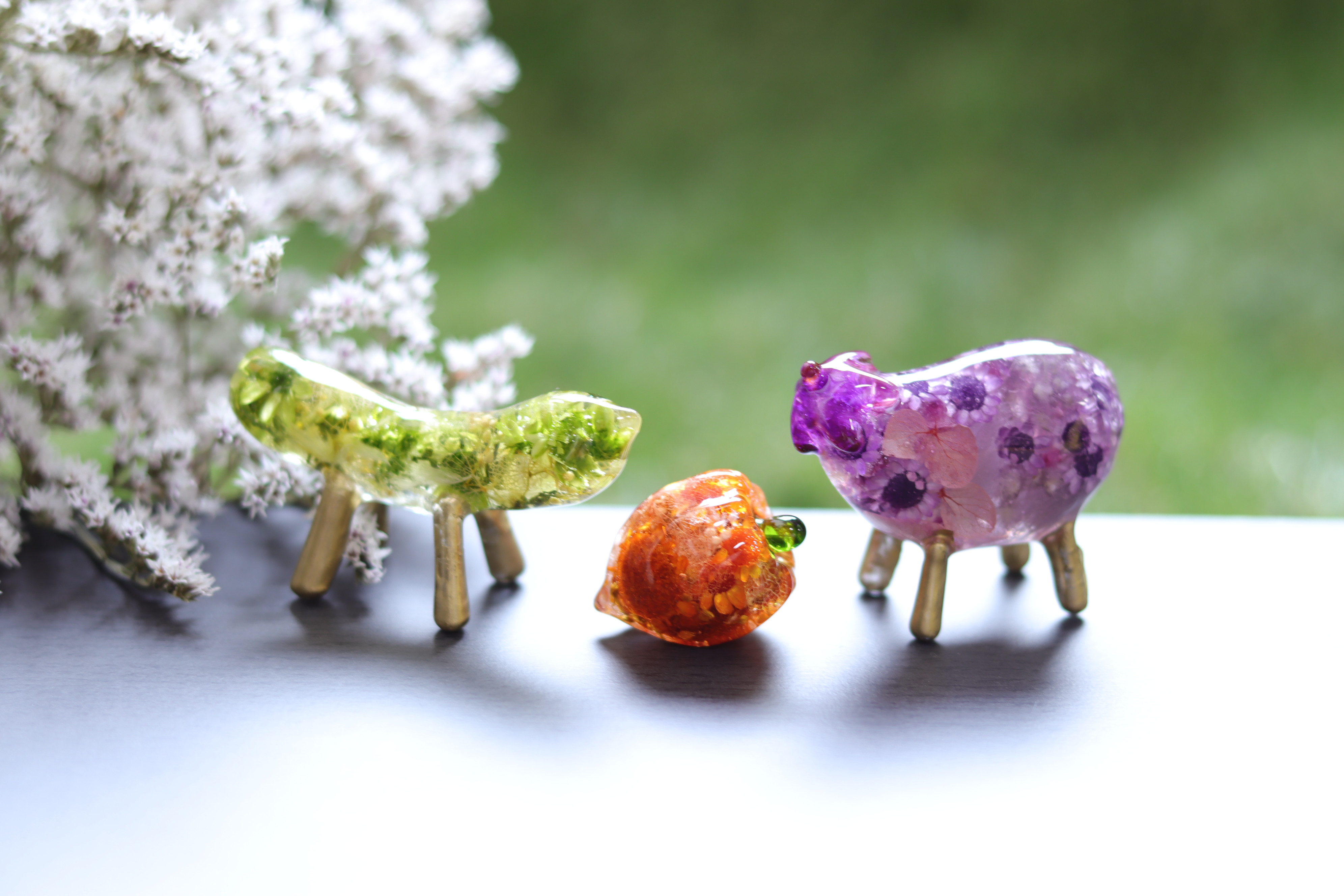 【受注製作・出荷日注意】「小花を閉じ込めて」手のり精霊馬“紫ナス&緑キュウリ”+鬼灯セット＊固まるハーバリウム＊お盆・供