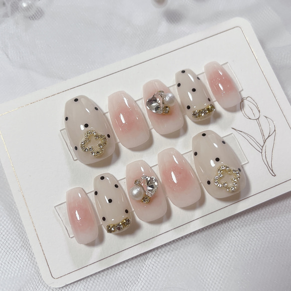 ネイルチップ ガーリー ドット 量産型 フレンチガーリー #1 現品 ネイルチップ ピンク 黒 白 ドット リボン 量産型 フレンチ