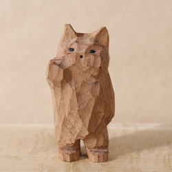 招き猫（左手）木彫り 木製 ネコの置物 ペルシャ猫 インテリア