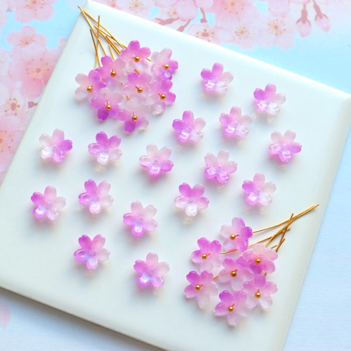 オリジナル☆桜 芝桜 お花のグラデーションガラスビーズ ブルー