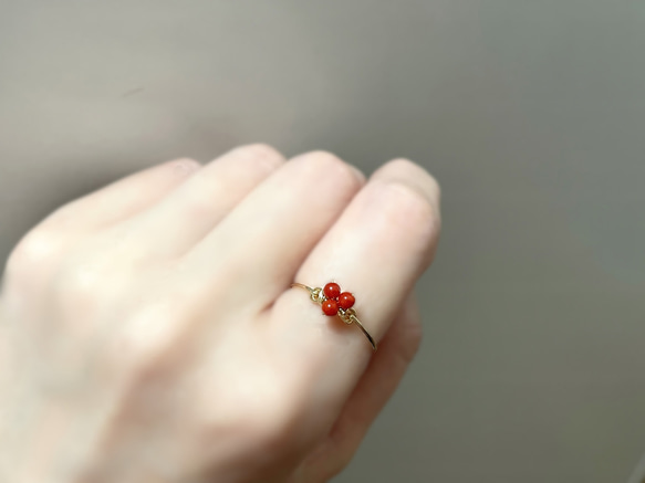 14kgf］赤珊瑚のワイヤーリング 天然石 指輪 ハート 南天 華奢 指輪
