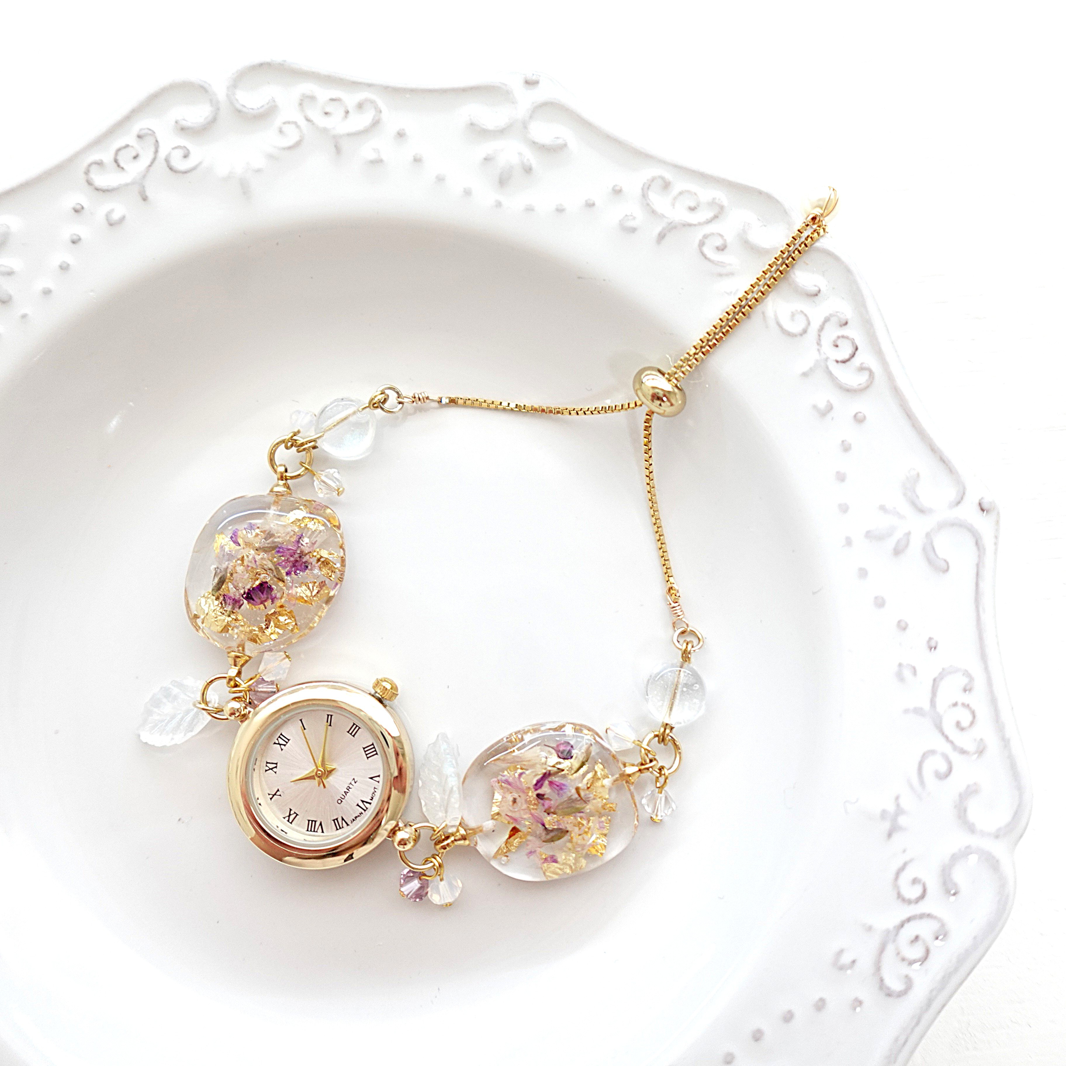 ラベンダーゴールドフラワーのブレスレットウォッチ