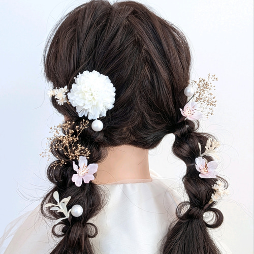 800円 本物花 髪飾り 普段使いにも オシャレさん 卒業 入学 ブライダル 髪飾り 桜 パール ゴールド ドライフラワー ツインテール 成人式 卒業