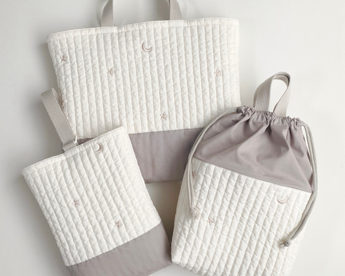 送料無料》 ヌビ 入園入学 3点セット 星 月 グレージュ ゴールド 刺繍