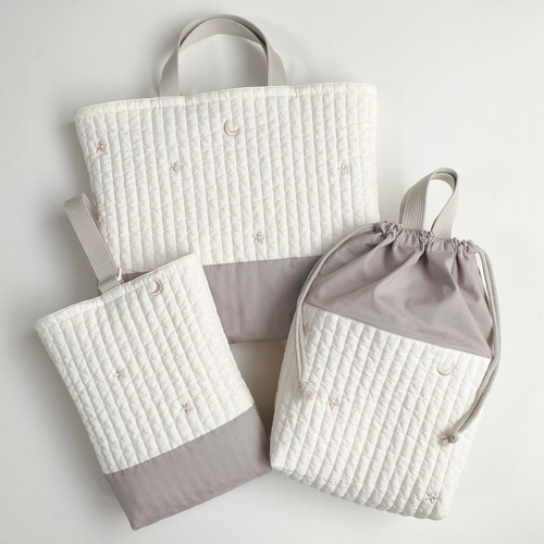 送料無料》 ヌビ 入園入学 3点セット 星 月 グレージュ ゴールド 刺繍