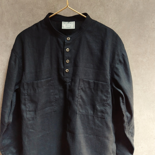 メンズ リネン シャツ M / 黒 バンドカラー スタンドカラー プル