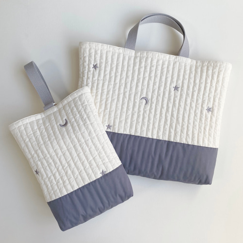レッスンバッグ ダークグレー星月刺繍 入園入学 ヌビバッグ