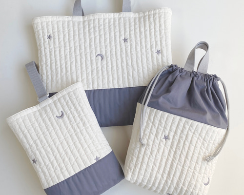 送料無料》 ヌビ 入園入学 3点セット 星 月 ブルーグレー 刺繍