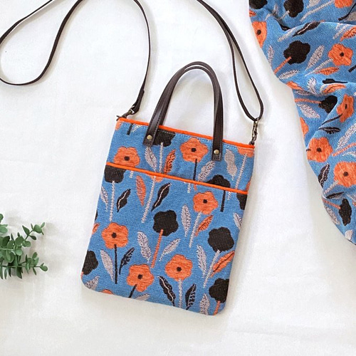 ゴブラン織 北欧花柄 オレンジ 2way 大きめスマホショルダー