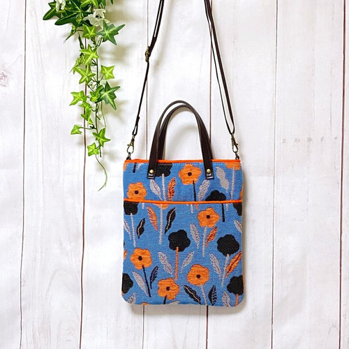 ゴブラン織 北欧花柄 オレンジ 2way 大きめスマホショルダー