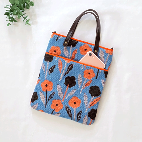 ゴブラン織 北欧花柄 オレンジ 2way 大きめスマホショルダー