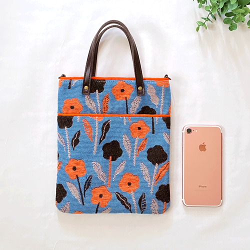 ゴブラン織 北欧花柄 オレンジ 2way 大きめスマホショルダー