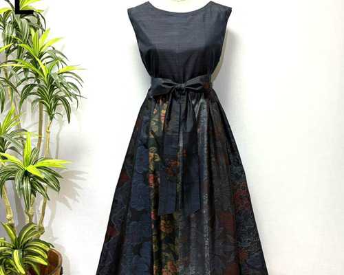 大島紬花柄パッチワークワンピース 着物リメイク ノースリーブ ロング