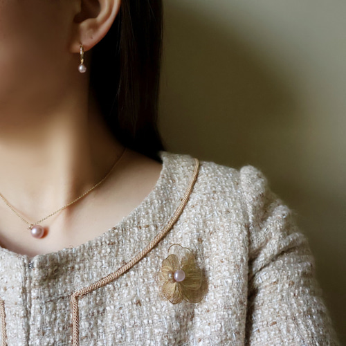 ハンドメイド イヤリング・ブローチBセット 手編みのお花がかわいい】 アクセサリー セット （ブローチ×ピアス