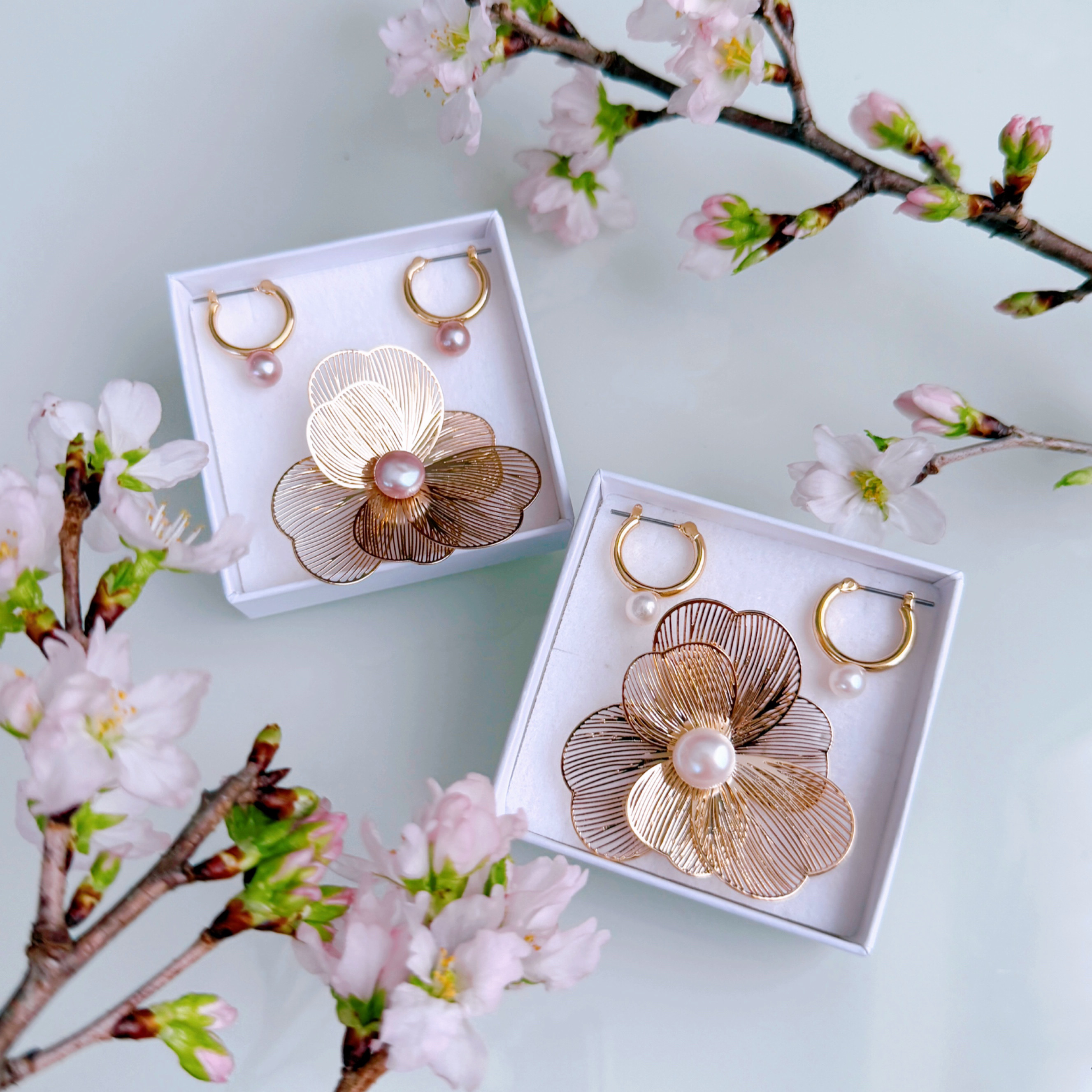 Creema限定新春福袋〈竹〉パールカラー ピアス/イヤリング選べる 淡水パール フラワー ブローチ フォーマル卒業式