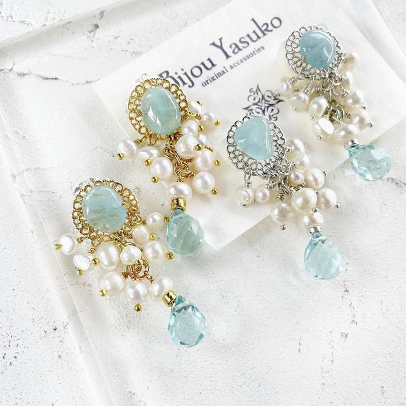 【お値下げ!】限定1 アクアマリン ピアス・イヤリング 揺れる 青 天然石 ピアス 大ぶり イヤリング 3月誕生石