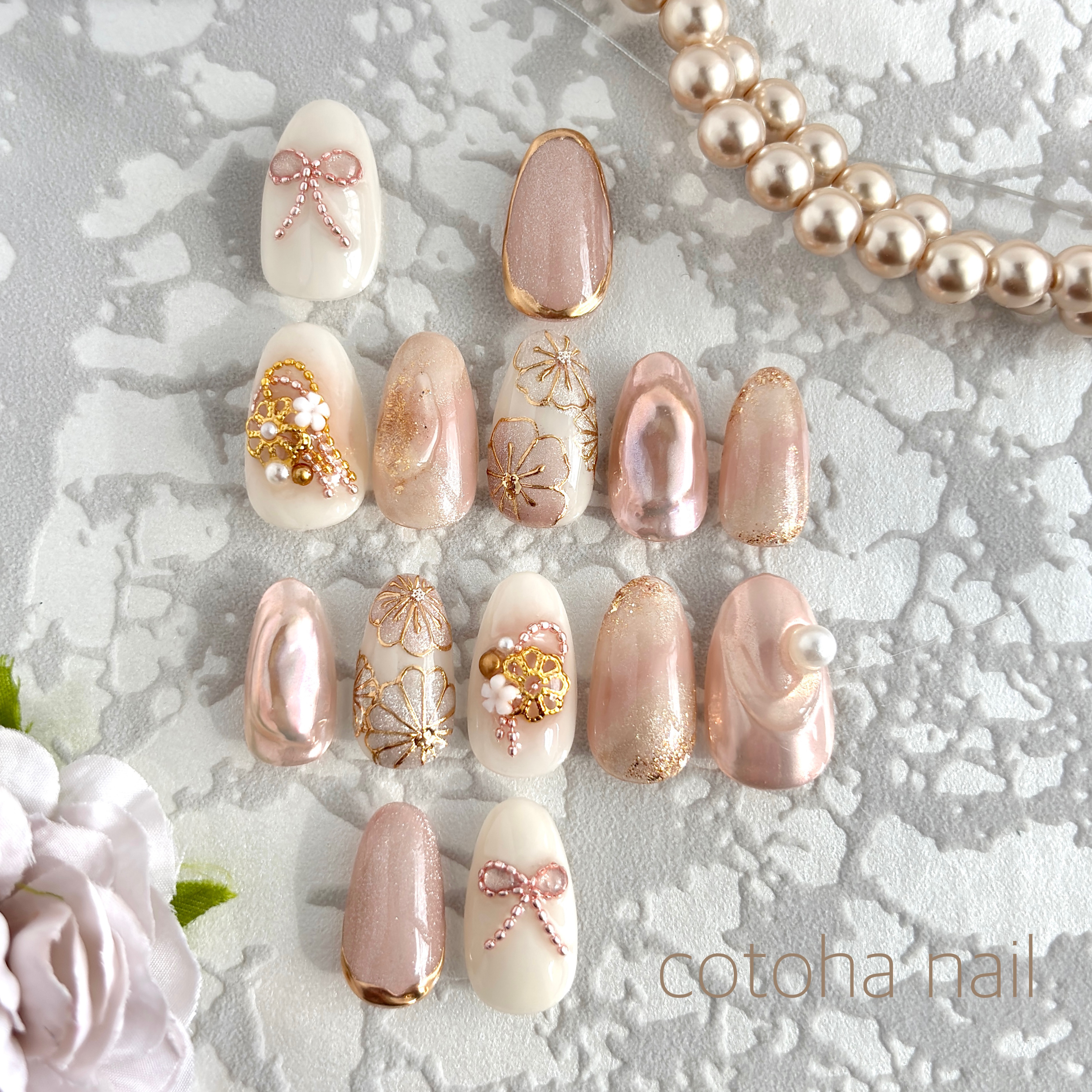 ☆普段使いもできる☆マグネットとパールが輝く和花の振袖ネイル／和ネイル／上品くすみピンク／卒業式・成人式・結婚式／平爪