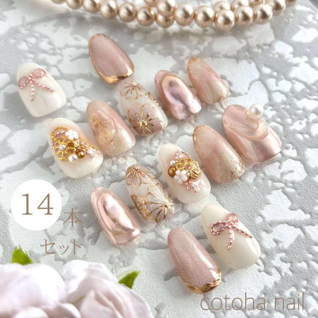 ☆普段使いもできる☆マグネットとパールが輝く和花の振袖ネイル／和ネイル／上品くすみピンク／卒業式・成人式・結婚式／平爪
