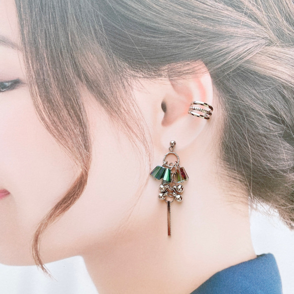 イヤカフ / ピアス / イヤリング グリーン ガラス シルバー ボール じゃらじゃら アレルギー サージカルステンレス 11枚目の画像